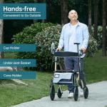 ELENKER All-Terrain Rollator Walker with Seat, Outdoor Rolling Walker, 12” Non-Pneumatic Tire Front Wheels, Compact Folding Design for Seniors, Champagne