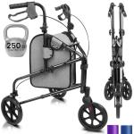 Vive Mobility 3 Wheel Walker - Three Wheeled Rollator for Seniors - Lightweight, Foldable, Narrow, Heavy Duty - for Elderly Men Women - Folding 3-Wheel Tri Scooter with Basket Bag