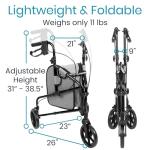 Vive Mobility 3 Wheel Walker - Three Wheeled Rollator for Seniors - Lightweight, Foldable, Narrow, Heavy Duty - for Elderly Men Women - Folding 3-Wheel Tri Scooter with Basket Bag