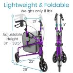 Vive Mobility 3 Wheel Walker - Three Wheeled Rollator for Seniors - Lightweight, Foldable, Narrow, Heavy Duty - for Elderly Men Women - Folding 3-Wheel Tri Scooter with Basket Bag