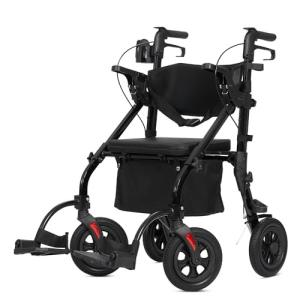 ELENKER ALL TERRAIN ROLLATOR WALKER TRANSPORT WHEELCHAIR COMBO 2 IN 1 - BLACK