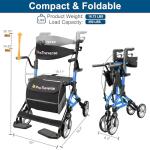 Rollator Walkers for Seniors with Seat, Walker Wheelchair Combo, Lightweight Foldable Wheelchairs for Adults, Rolling Walker All Terrain, 2 in 1 Walker Wheelchair with Cup Holder& Bag,Blue