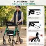 Cosydora Rollator Walkers for Seniors with Seat, 13.6 Lbs Ultra Lightweight Foldable Rolling Walker, 350Lbs Heavy Duty Aluminum, 8" All Terrain Wheels, Dual Adjustable Height, Shimmer Green