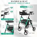 Cosydora Rollator Walkers for Seniors with Seat, 13.6 Lbs Ultra Lightweight Foldable Rolling Walker, 350Lbs Heavy Duty Aluminum, 8" All Terrain Wheels, Dual Adjustable Height, Shimmer Green