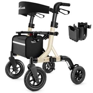 MAXWALK Walkers for Seniors, Rollator Walker with Seat, 10" Rubber Wheels All Terrain Rollator Walker with Backrest, Aluminum Walkers Built-in Cable, Foldable and Adjustable Height for Seniors, Beige