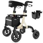 MAXWALK Walkers for Seniors, Rollator Walker with Seat, 10" Rubber Wheels All Terrain Rollator Walker with Backrest, Aluminum Walkers Built-in Cable, Foldable and Adjustable Height for Seniors, Beige