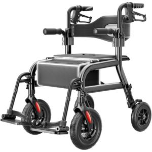 HOMLAND Walkers for Seniors with Seat, Foldable 2 in 1 Rollator Walker Wheelchair Combo, 10" All Terrain Transport Chair with Brakes, Adjustable Seat & Handles, 350lb Capacity, Storage Bag