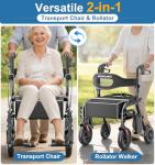 HOMLAND Walkers for Seniors with Seat, Foldable 2 in 1 Rollator Walker Wheelchair Combo, 10" All Terrain Transport Chair with Brakes, Adjustable Seat & Handles, 350lb Capacity, Storage Bag