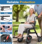 HOMLAND Walkers for Seniors with Seat, Foldable 2 in 1 Rollator Walker Wheelchair Combo, 10" All Terrain Transport Chair with Brakes, Adjustable Seat & Handles, 350lb Capacity, Storage Bag