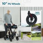 ELENKER All-Terrain Rollator Walker with 10” Non-Pneumatic Wheels, Sponge Padded Seat and Backrest, Fully Adjustment Frame for Seniors, Champagne