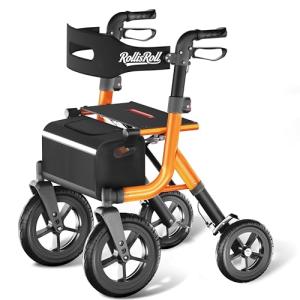 Walkers for Seniors, Rollator Walker with Seat, 12" Big Rubber Wheels All Terrain Rolling Walker with Backrest, Foldable Rollator Walker, Reinforced Aluminum Frame, Built-in Cable, Orange