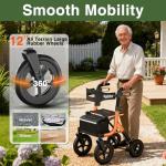 Walkers for Seniors, Rollator Walker with Seat, 12" Big Rubber Wheels All Terrain Rolling Walker with Backrest, Foldable Rollator Walker, Reinforced Aluminum Frame, Built-in Cable, Orange