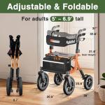 Walkers for Seniors, Rollator Walker with Seat, 12" Big Rubber Wheels All Terrain Rolling Walker with Backrest, Foldable Rollator Walker, Reinforced Aluminum Frame, Built-in Cable, Orange