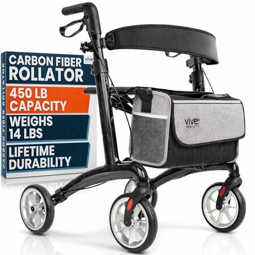 Vive Ultralight Rollator Walker with Seat – Carbon Fiber Frame for Seniors – Folding Mobility Aid with Brakes, Armrest & Storage Bag – Height Adjustable, Compact, Durable, 450 lb Capacity