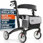 Vive Ultralight Rollator Walker with Seat – Carbon Fiber Frame for Seniors – Folding Mobility Aid with Brakes, Armrest & Storage Bag – Height Adjustable, Compact, Durable, 450 lb Capacity
