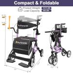 Rollator Walkers for Seniors with Seat, Walker Wheelchair Combo, Lightweight Foldable Wheelchairs for Adults, Rolling Walker All Terrain, 2 in 1 Walker Wheelchair with Cup Holder& Bag,Purple