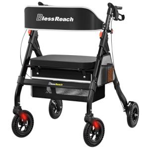 BlessReach Foldable Rollator Walkers with Seat for Seniors, 450 lb Capacity, 8'' Wheels, 18" Big Seat, 6-Position Height, Heavy-Duty Aluminum Rolling Walker (Black)