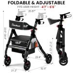BlessReach Foldable Rollator Walkers with Seat for Seniors, 450 lb Capacity, 8'' Wheels, 18" Big Seat, 6-Position Height, Heavy-Duty Aluminum Rolling Walker (Black)