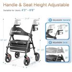 Rollator Walkers with Seat for Seniors, Foldable 8" Big Wheels All Terrain Rolling Walker, Handles and Ergonomic Seat Height Adjustable, 350 lb