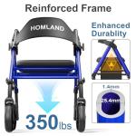 HOMLAND Walkers for Seniors with Seat, Foldable Rollator Walker, Reinforced Aluminum Frame, 8" Big Rubber Wheels for All Terrain, Height Adjustable Lightweight Rolling Walker