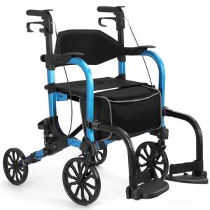 Flyingjoy 2-in-1 Heavy Duty Rollator Walker with 10" Front & 8" Rear Airless Tires, Foldable Transport Wheelchair for Seniors, Supports Up to 300 lbs, Adjustable Height, Safety Features, Easy Storage