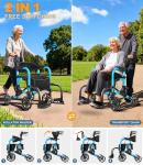 Flyingjoy 2-in-1 Heavy Duty Rollator Walker with 10" Front & 8" Rear Airless Tires, Foldable Transport Wheelchair for Seniors, Supports Up to 300 lbs, Adjustable Height, Safety Features, Easy Storage