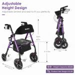 Ambliss Lightweight Folding Rollator Walker for Seniors with Seat, 10" All-Terrain Non-Pneumatic Wheels, Wide Padded Seat & Breathable Backrest, Adjustable Height 5'2"-6'7", 300 lbs Capacity (Purple)