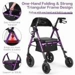 Ambliss Lightweight Folding Rollator Walker for Seniors with Seat, 10" All-Terrain Non-Pneumatic Wheels, Wide Padded Seat & Breathable Backrest, Adjustable Height 5'2"-6'7", 300 lbs Capacity (Purple)