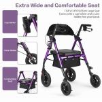 Ambliss Lightweight Folding Rollator Walker for Seniors with Seat, 10" All-Terrain Non-Pneumatic Wheels, Wide Padded Seat & Breathable Backrest, Adjustable Height 5'2"-6'7", 300 lbs Capacity (Purple)