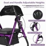 Ambliss Lightweight Folding Rollator Walker for Seniors with Seat, 10" All-Terrain Non-Pneumatic Wheels, Wide Padded Seat & Breathable Backrest, Adjustable Height 5'2"-6'7", 300 lbs Capacity (Purple)