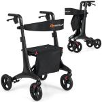 Goplus Walkers for Seniors with Seat, Ultralight Folding Rolling Rollator Walker with Carbon Fiber Structure, 8” Wheels, 6-Position Handles, Adjustable Backrest, Adult Mobility Walking Aid