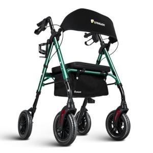 FlyingJoy Rollator Walker with Seat and Brakes, 300 lbs Adults Bariatric Walker for Seniors with Extra Wide Backrest, Lightweight Folding Adjustable Height, All Terrain Rolling Walker 8 Inch 4 Wheels