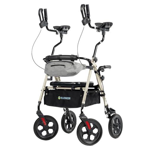 ELENKER All Terrain Upright Rollator Walker with Seat, Foldable Stand Up Walkers for Seniors with Armrest, Front Pouch, 10” Wheels, Fully Adjustment Frame, Champagne
