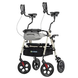 ELENKER All Terrain Upright Rollator Walker with Seat, Foldable Stand Up Walkers for Seniors with Armrest, Front Pouch, 10” Wheels, Fully Adjustment Frame, Champagne