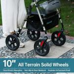ELENKER All Terrain Upright Rollator Walker with Seat, Foldable Stand Up Walkers for Seniors with Armrest, Front Pouch, 10” Wheels, Fully Adjustment Frame, Champagne