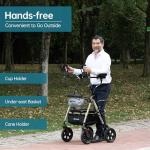 ELENKER All Terrain Upright Rollator Walker with Seat, Foldable Stand Up Walkers for Seniors with Armrest, Front Pouch, 10” Wheels, Fully Adjustment Frame, Champagne