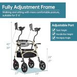 ELENKER All Terrain Upright Rollator Walker with Seat, Foldable Stand Up Walkers for Seniors with Armrest, Front Pouch, 10” Wheels, Fully Adjustment Frame, Champagne