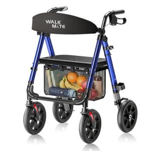WALK MATE Rollator Walker for Seniors, 10 Inch Big Wheels, Reinforced Aluminum Frame 350lb Weight Capacity, Foldable All Terrain Rolling Walker with Seat, Lightweight Adjustable Height, Blue