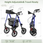 WALK MATE Rollator Walker for Seniors, 10 Inch Big Wheels, Reinforced Aluminum Frame 350lb Weight Capacity, Foldable All Terrain Rolling Walker with Seat, Lightweight Adjustable Height, Blue