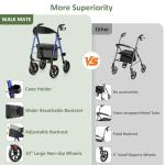WALK MATE Rollator Walker for Seniors, 10 Inch Big Wheels, Reinforced Aluminum Frame 350lb Weight Capacity, Foldable All Terrain Rolling Walker with Seat, Lightweight Adjustable Height, Blue