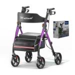 Matinal Foldable Rollator Walkers with Seat for Seniors, 350 lb Capacity, 8'' Big Wheels, 6-Position Height, Premium Hybrid Rolling Walker - Aluminum and Carbon Steel (Purple)