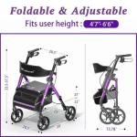 Matinal Foldable Rollator Walkers with Seat for Seniors, 350 lb Capacity, 8'' Big Wheels, 6-Position Height, Premium Hybrid Rolling Walker - Aluminum and Carbon Steel (Purple)