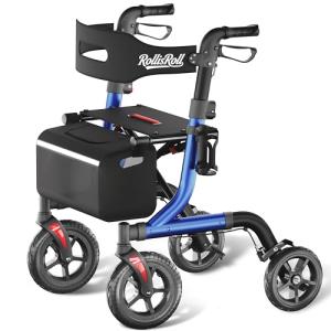 RollisRoll Walkers for Seniors with Seat, Foldable Rollator Walker, Reinforced Aluminum Frame, 10" Big Rubber Wheels for All Terrain, Built-in Cable, Lightweight Rolling Walker, Blue