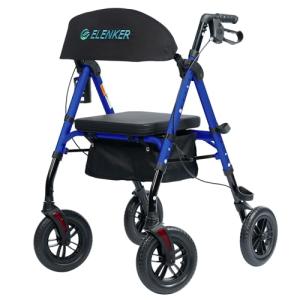 ELENKER All-Terrain Rollator Walker with 10” Non-Pneumatic Wheels, Sponge Padded Seat and Backrest, Fully Adjustment Frame for Seniors, Blue