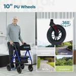 ELENKER All-Terrain Rollator Walker with 10” Non-Pneumatic Wheels, Sponge Padded Seat and Backrest, Fully Adjustment Frame for Seniors, Blue