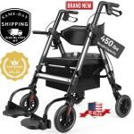 Heavy Duty Rollator Walker for Seniors w Seat, Foldable 2 in 1 Wheelchair Combo