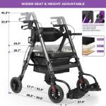Heavy Duty Rollator Walker for Seniors w Seat, Foldable 2 in 1 Wheelchair Combo