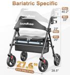 SOUNDFUSE Bariatric Walker for Seniors with Extra Wide Seat, 500lb Heavy Duty Rollator Walker, Handle & Seat Height Adjustable, Foldable Rolling Walkers with 8" All-Terrain Wheels