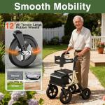 Walkers for Seniors, Rollator Walker with Seat, 12" Big Rubber Wheels All Terrain Rolling Walker with Backrest, Foldable Rollator Walker, Reinforced Aluminum Frame, Built-in Cable, Golden