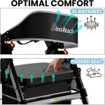 BlessReach Rollator Walker 450lb Heavy Duty w/ Seat Foldable 8” Wheels, Black